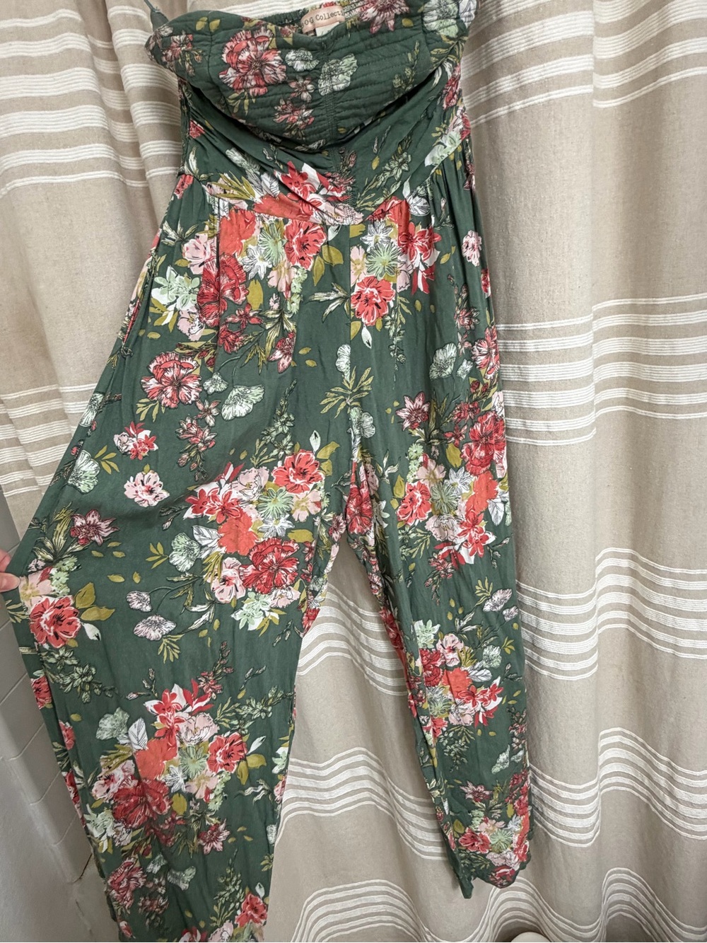 Strapless Floral Jumpsuit in Olive Green